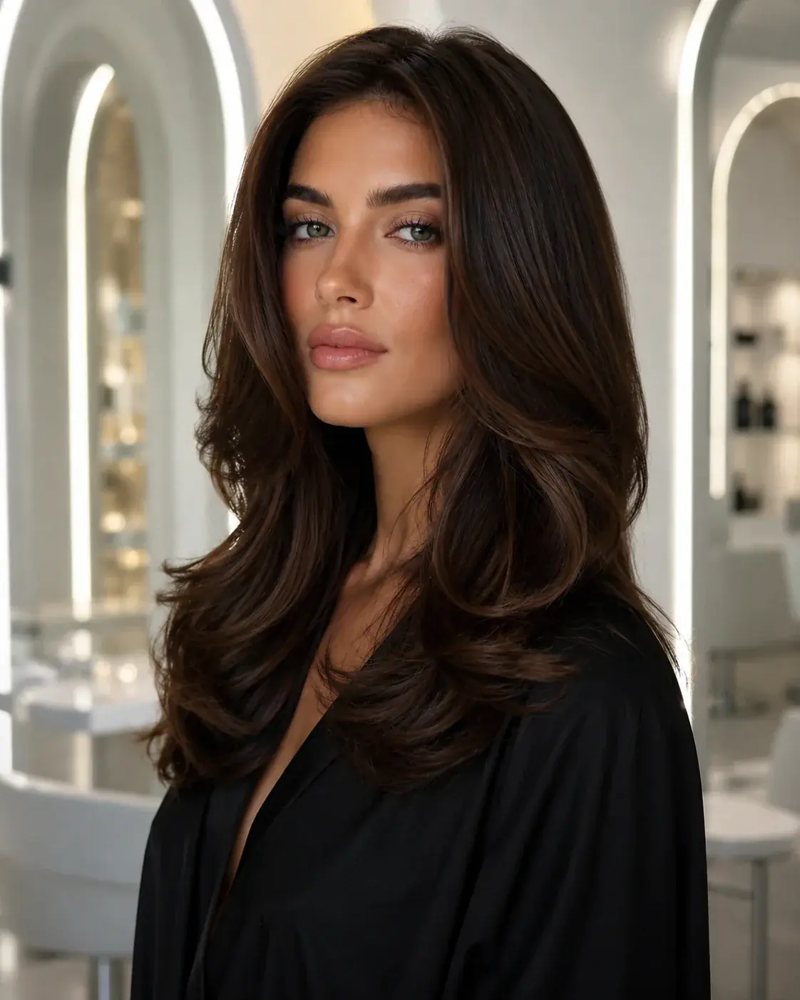 Editorial portrait of a brunette woman with glossy layered hair inside a modern salon