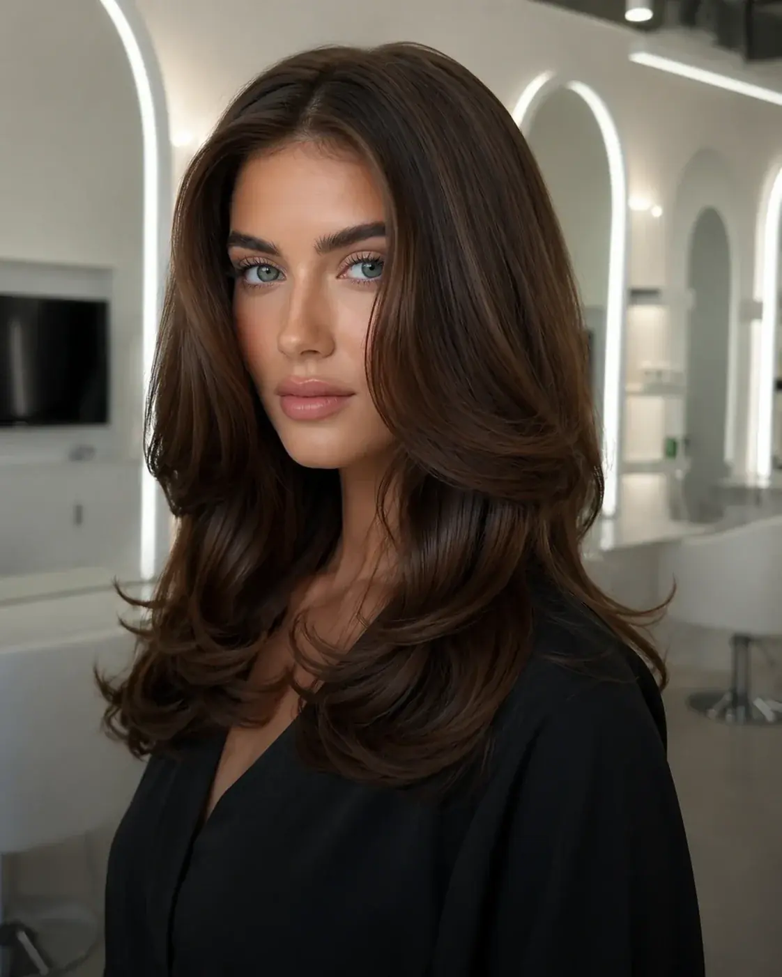 Long layered brunette hairstyle with face-framing volume